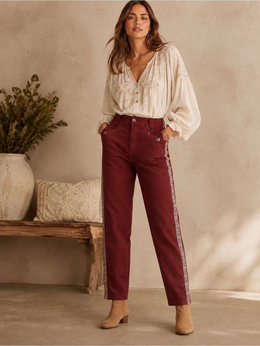 Anthropologie Burgundy Embroidered Side Stripe Tapered Pants Women Size 4